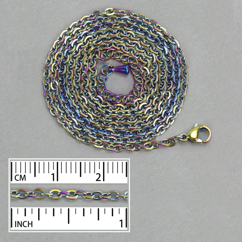 Chain & Clasps Stainless Steel, Rainbow Color 2.5mm Flat Cable Chain, 24" with 2.25" Chain Extender, Pack of 2